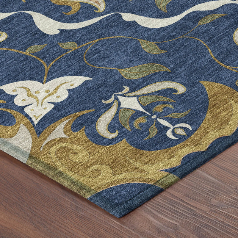 5' X 8' Navy Blue And Blue Damask Washable Indoor Outdoor Area Rug Homeroots Outdoor