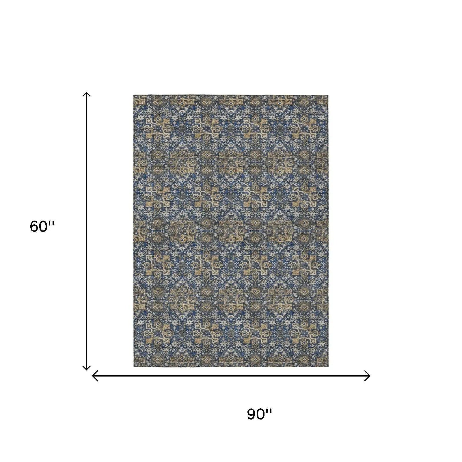 5' X 8' Navy Blue And Blue Damask Washable Indoor Outdoor Area Rug Homeroots Outdoor