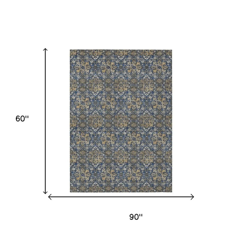 5' X 8' Navy Blue And Blue Damask Washable Indoor Outdoor Area Rug Homeroots Outdoor