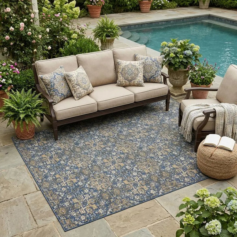 5' X 8' Navy Blue And Blue Damask Washable Indoor Outdoor Area Rug Homeroots Outdoor