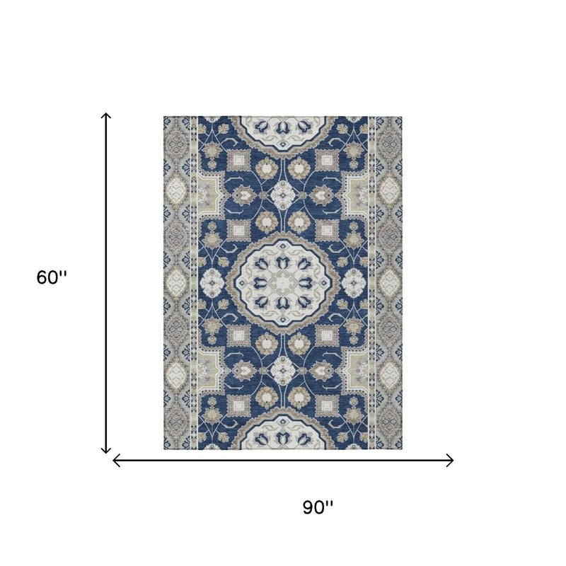 5' X 8' Navy Blue And Blue Floral Medallion Washable Indoor Outdoor Area Rug Homeroots Outdoor