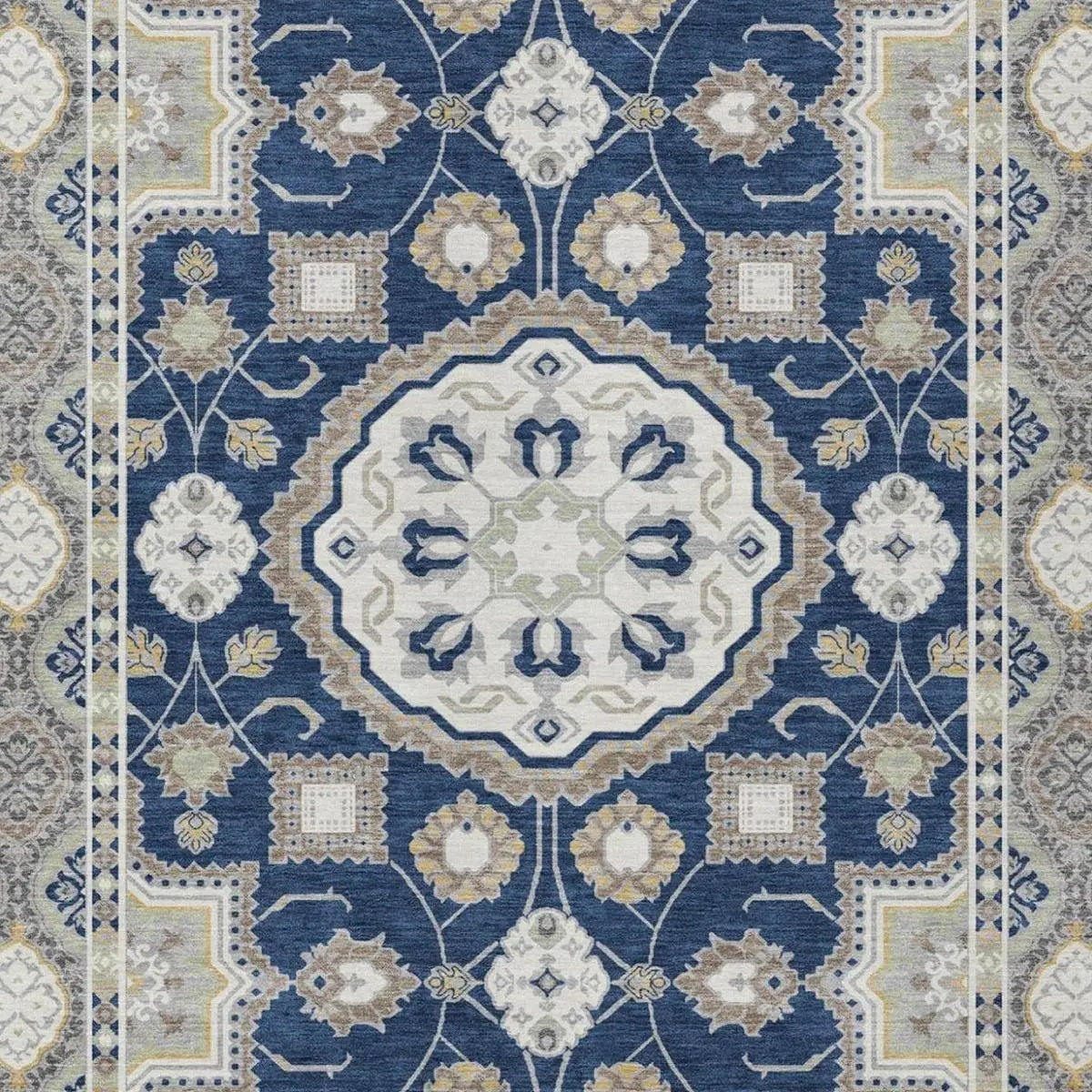 5' X 8' Navy Blue And Blue Floral Medallion Washable Indoor Outdoor Area Rug Homeroots Outdoor