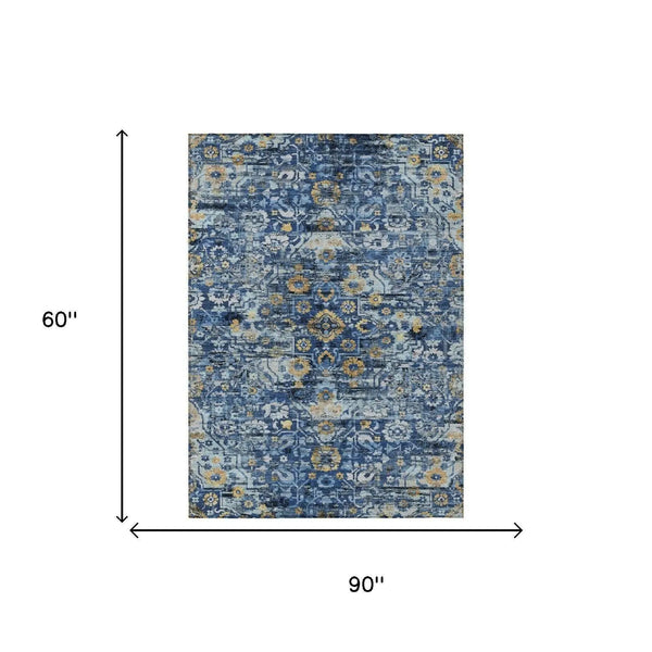 5' X 8' Navy Blue And Blue Floral Medallion Washable Indoor Outdoor Area Rug Homeroots Outdoor