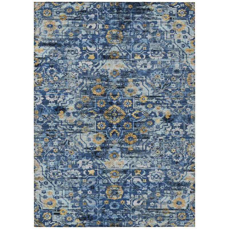 5' X 8' Navy Blue And Blue Floral Medallion Washable Indoor Outdoor Area Rug Homeroots Outdoor