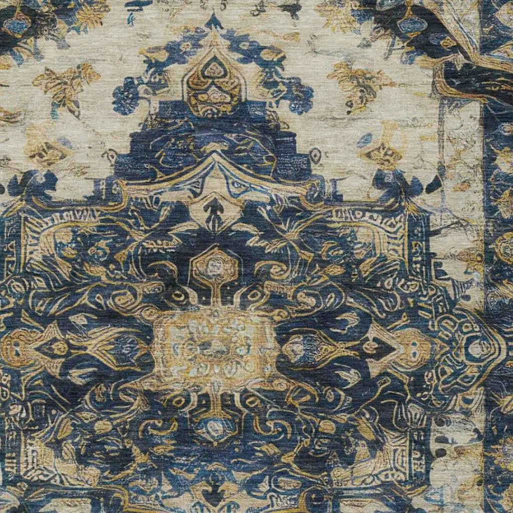 5' X 8' Navy Blue And Blue Floral Medallion Washable Indoor Outdoor Area Rug Homeroots Outdoor