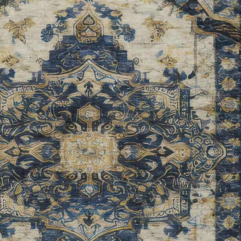 5' X 8' Navy Blue And Blue Floral Medallion Washable Indoor Outdoor Area Rug Homeroots Outdoor