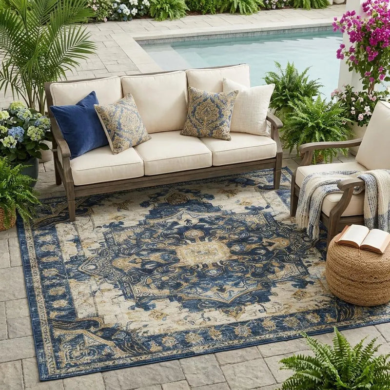 5' X 8' Navy Blue And Blue Floral Medallion Washable Indoor Outdoor Area Rug Homeroots Outdoor
