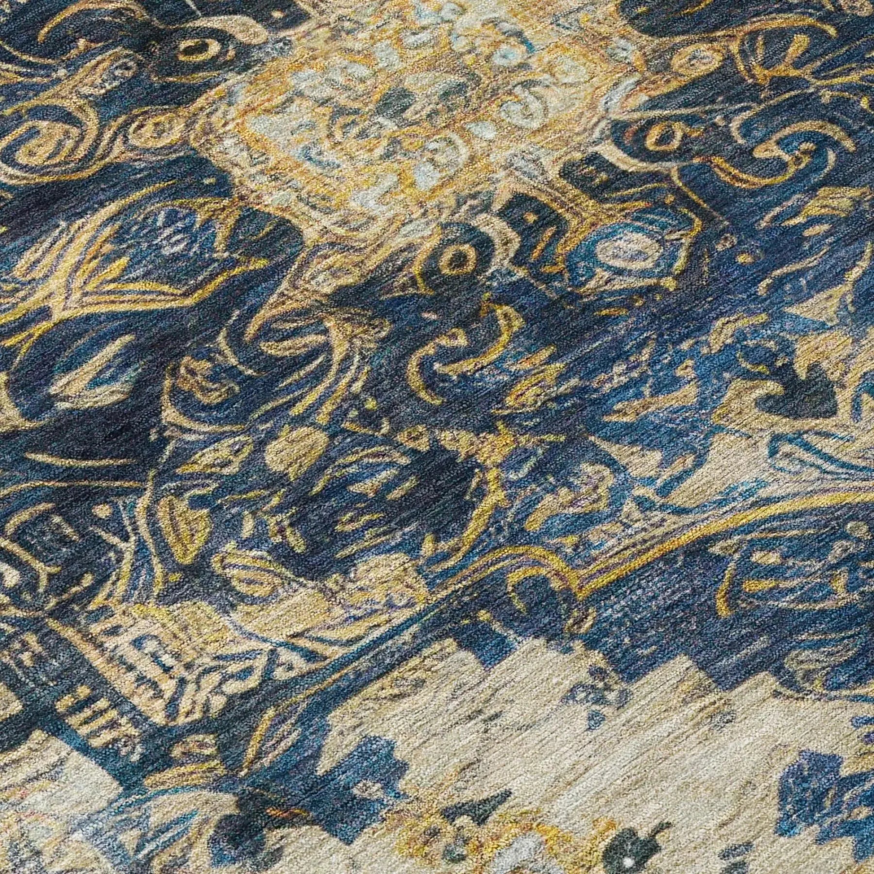 5' X 8' Navy Blue And Blue Floral Medallion Washable Indoor Outdoor Area Rug Homeroots Outdoor