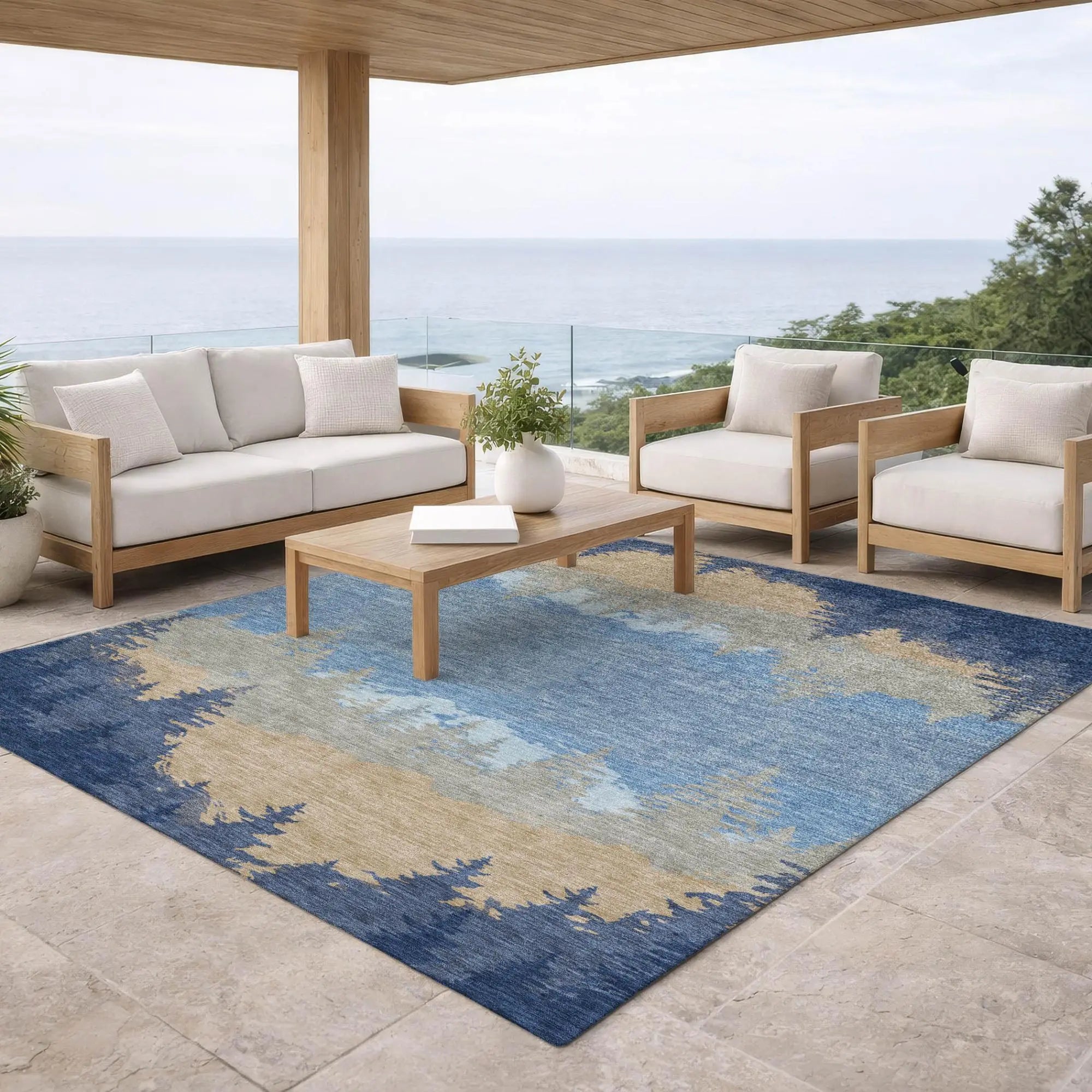 5' X 8' Navy Blue And Blue Floral Washable Indoor Outdoor Area Rug Homeroots Outdoor