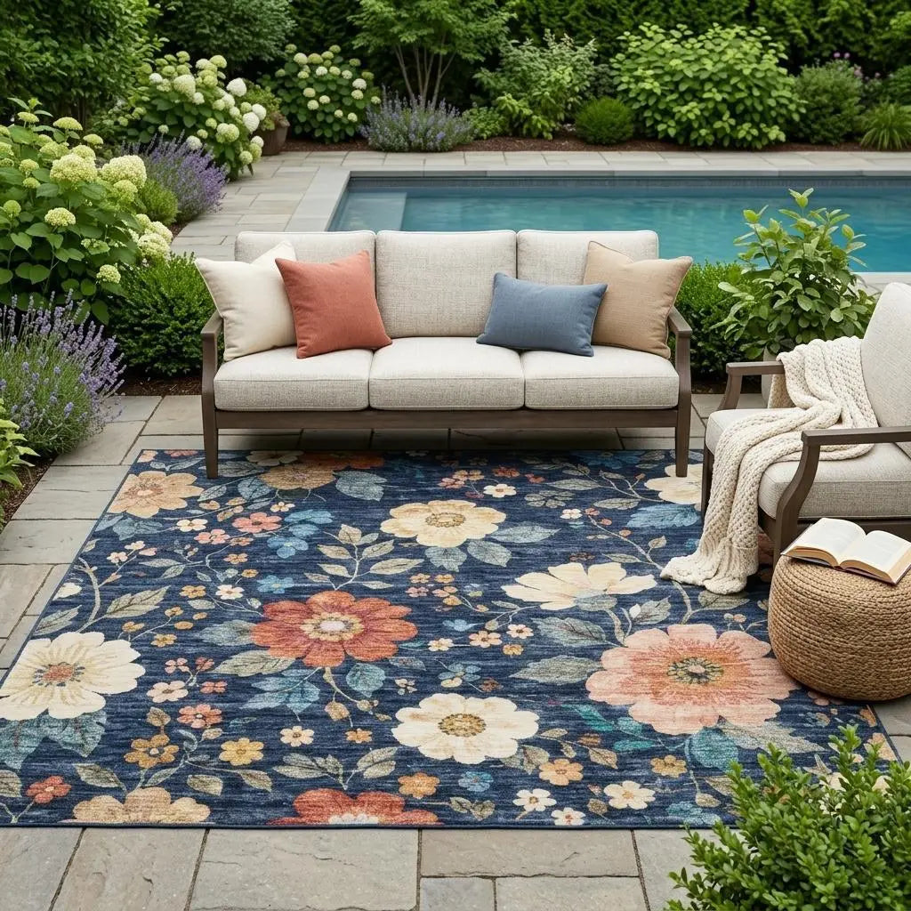 5' X 8' Navy Blue And Blue Floral Washable Indoor Outdoor Area Rug Homeroots Outdoor