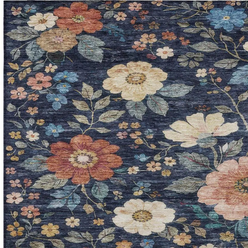 5' X 8' Navy Blue And Blue Floral Washable Indoor Outdoor Area Rug Homeroots Outdoor
