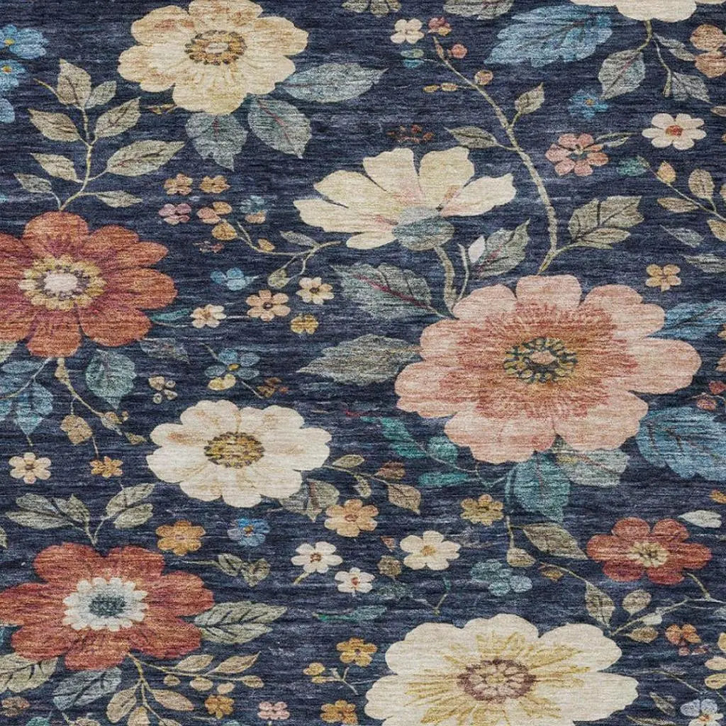 5' X 8' Navy Blue And Blue Floral Washable Indoor Outdoor Area Rug Homeroots Outdoor