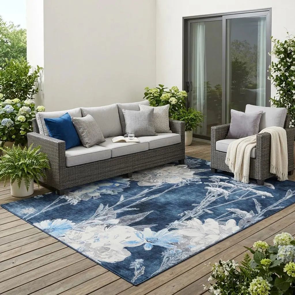 5' X 8' Navy Blue And Blue Floral Washable Indoor Outdoor Area Rug Homeroots Outdoor