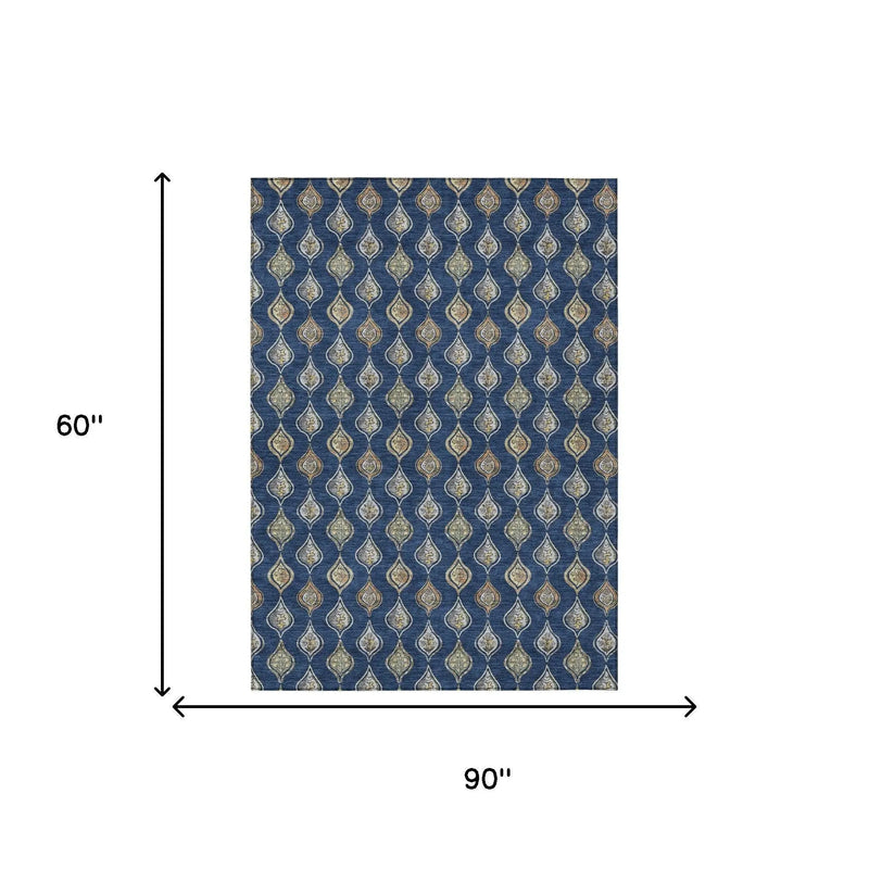 5' X 8' Navy Blue And Blue Floral Washable Indoor Outdoor Area Rug Homeroots Outdoor