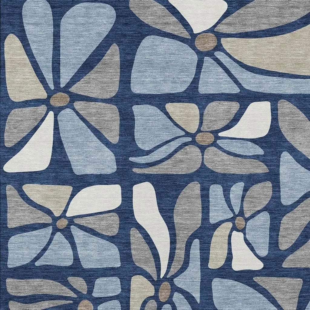 5' X 8' Navy Blue And Blue Floral Washable Indoor Outdoor Area Rug Homeroots Outdoor