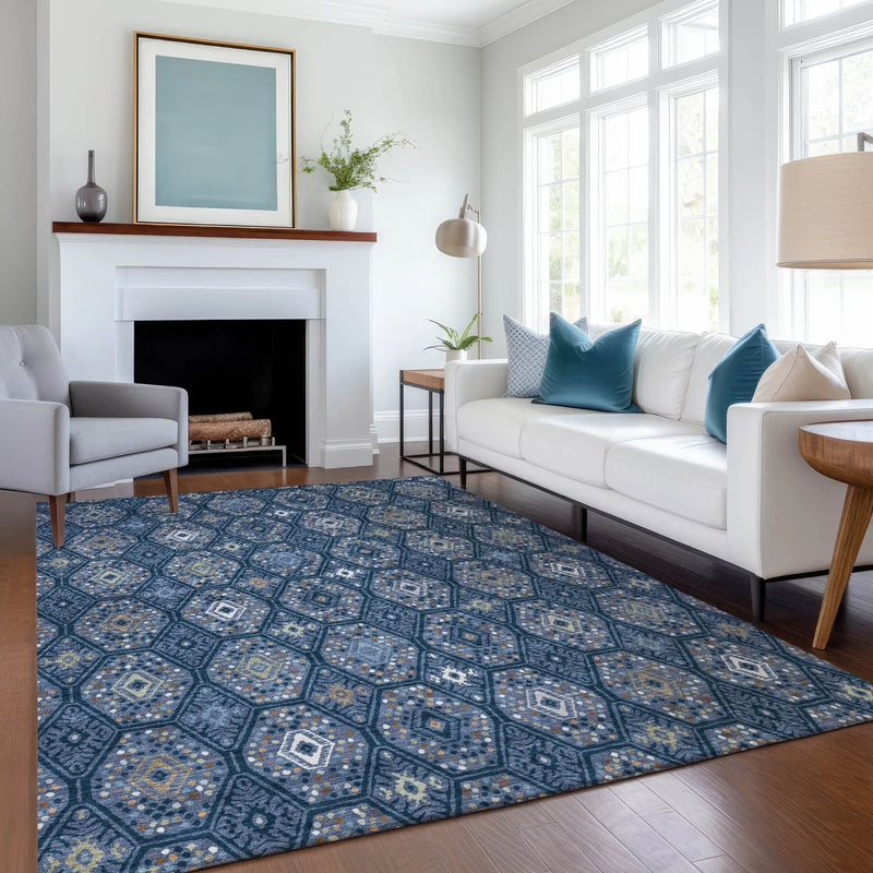 5' X 8' Navy Blue And Blue Geometric Washable Indoor Outdoor Area Rug Homeroots Outdoor