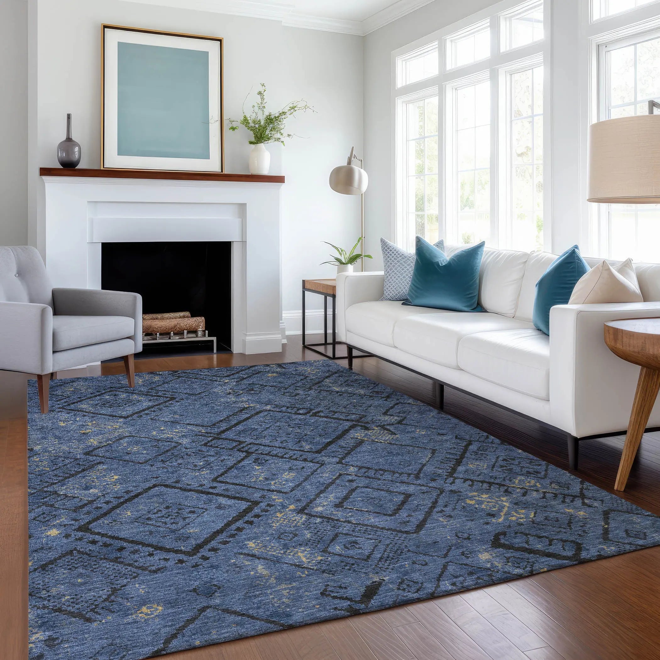 5' X 8' Navy Blue And Blue Geometric Washable Indoor Outdoor Area Rug Homeroots Outdoor