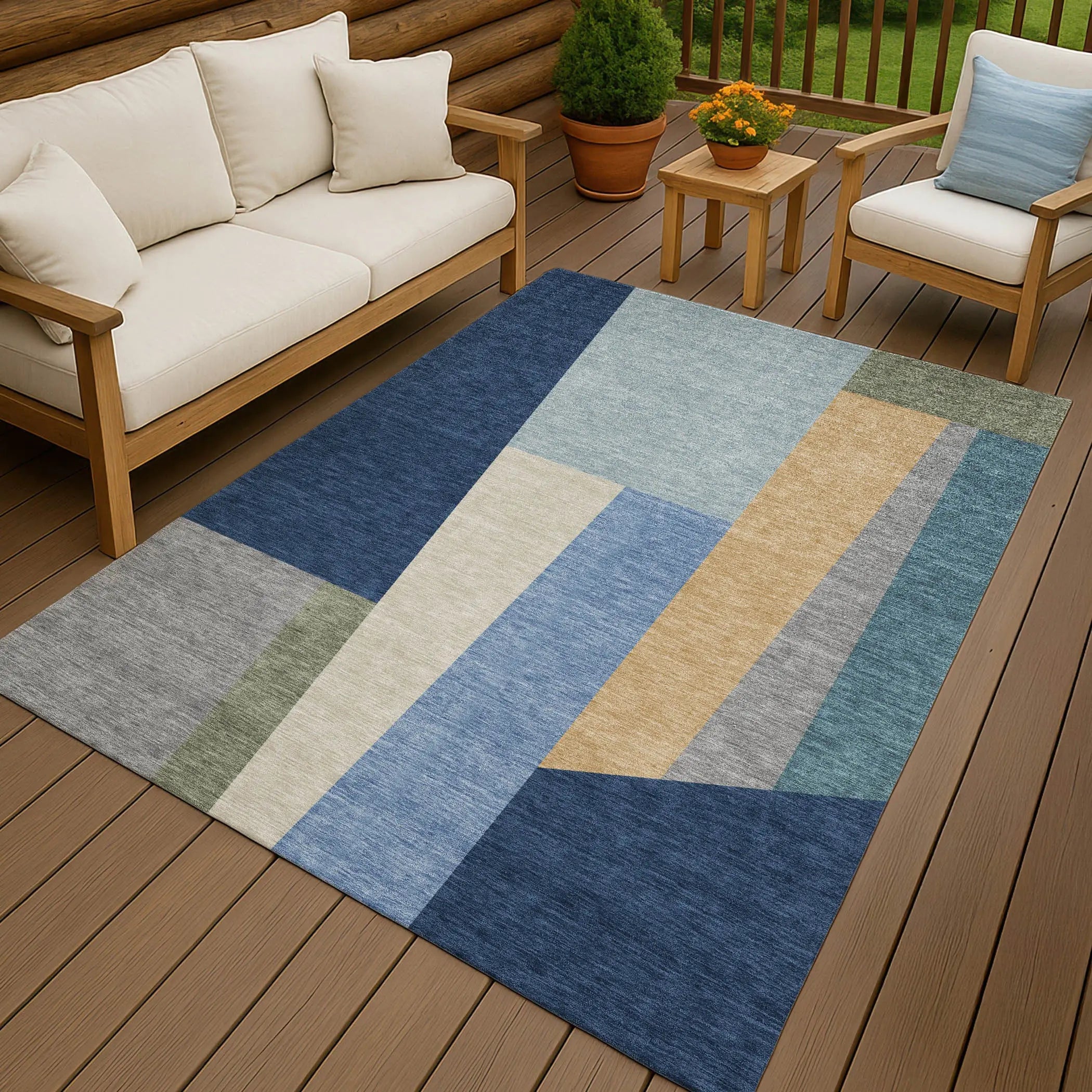 5' X 8' Navy Blue And Blue Geometric Washable Indoor Outdoor Area Rug Homeroots Outdoor