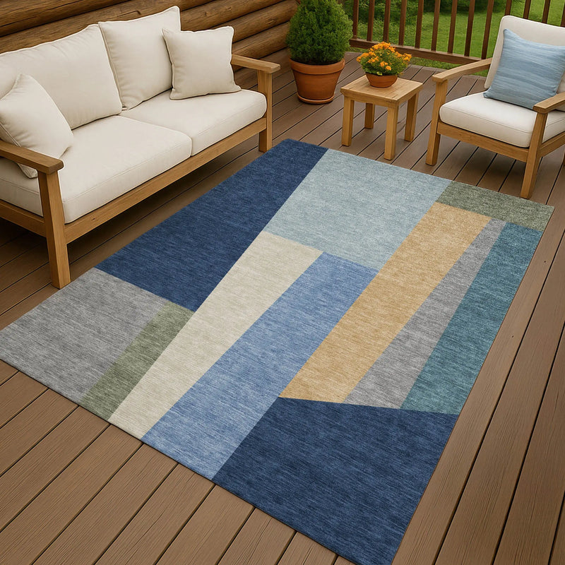 5' X 8' Navy Blue And Blue Geometric Washable Indoor Outdoor Area Rug Homeroots Outdoor