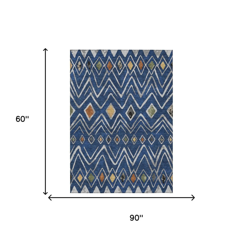 5' X 8' Navy Blue And Blue Geometric Washable Indoor Outdoor Area Rug Homeroots Outdoor