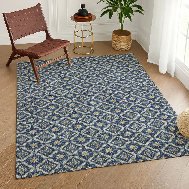 5' X 8' Navy Blue And Blue Geometric Washable Indoor Outdoor Area Rug Homeroots Outdoor