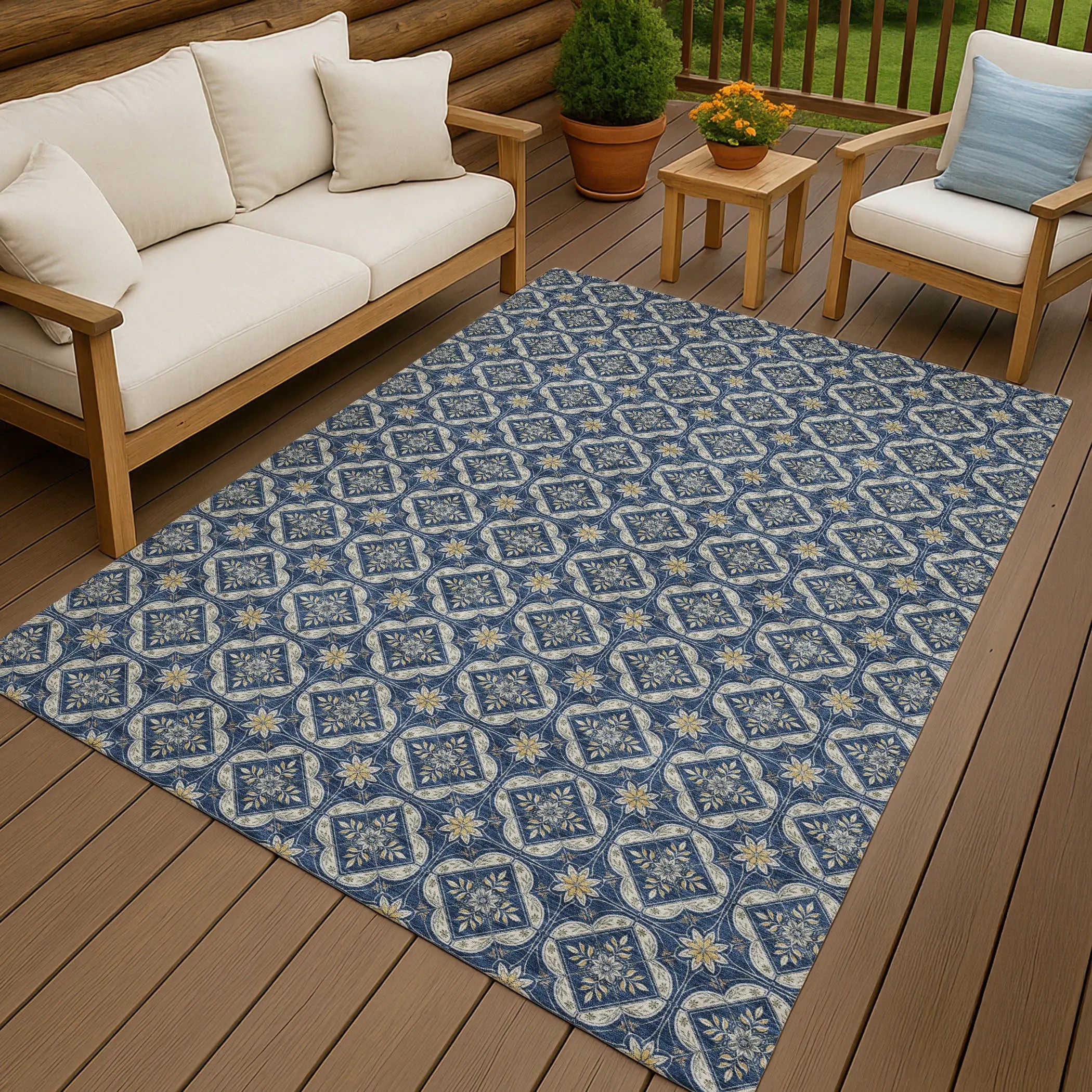 5' X 8' Navy Blue And Blue Geometric Washable Indoor Outdoor Area Rug Homeroots Outdoor