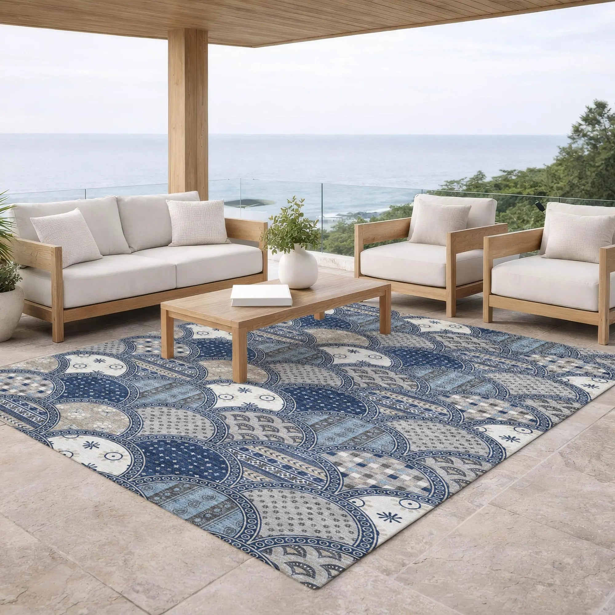 5' X 8' Navy Blue And Blue Geometric Washable Indoor Outdoor Area Rug Homeroots Outdoor