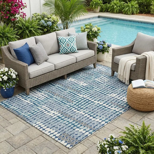 5' X 8' Navy Blue And Blue Geometric Washable Indoor Outdoor Area Rug Homeroots Outdoor