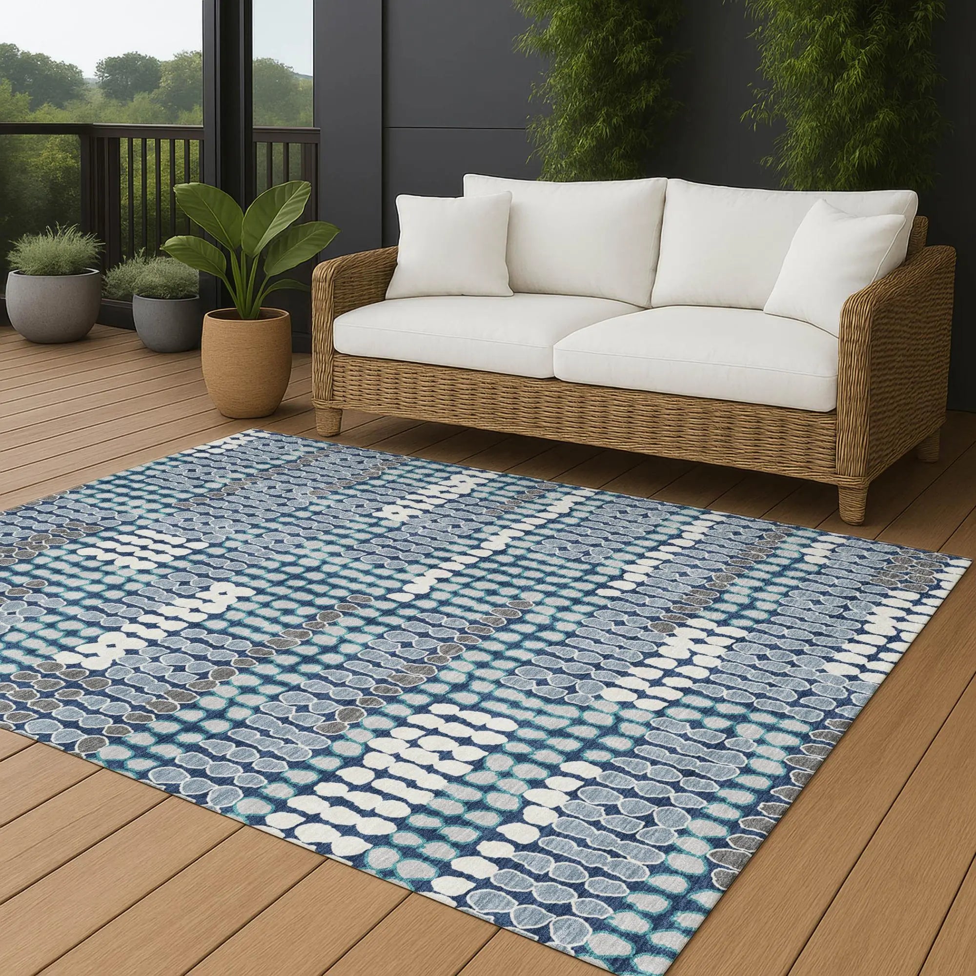 5' X 8' Navy Blue And Blue Geometric Washable Indoor Outdoor Area Rug Homeroots Outdoor
