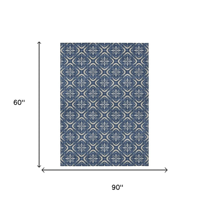 5' X 8' Navy Blue And Blue Geometric Washable Indoor Outdoor Area Rug Homeroots Outdoor