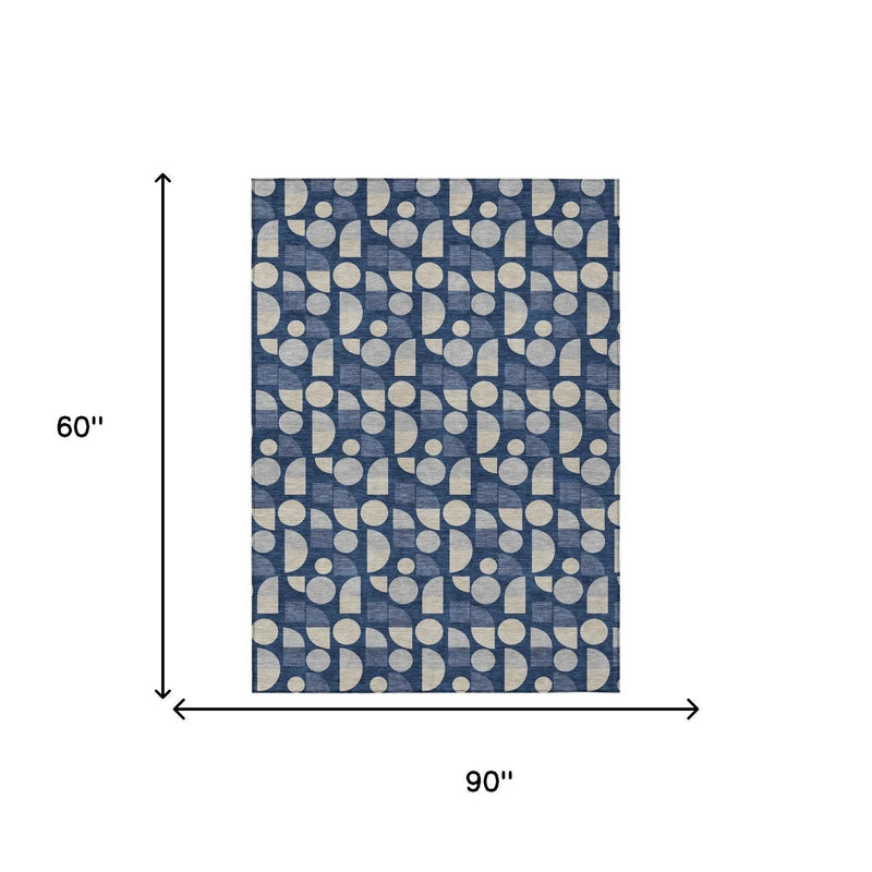 5' X 8' Navy Blue And Blue Geometric Washable Indoor Outdoor Area Rug Homeroots Outdoor