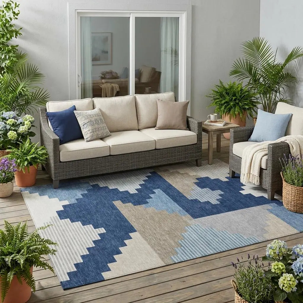 5' X 8' Navy Blue And Blue Geometric Washable Indoor Outdoor Area Rug Homeroots Outdoor