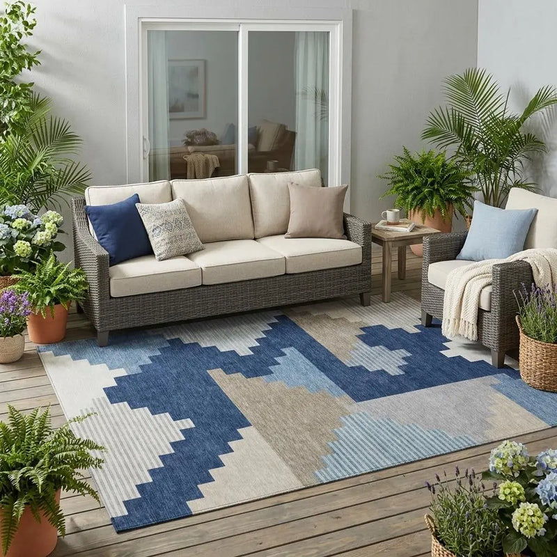 5' X 8' Navy Blue And Blue Geometric Washable Indoor Outdoor Area Rug Homeroots Outdoor