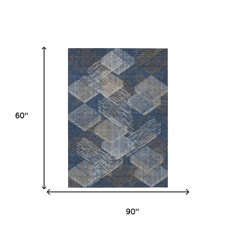 5' X 8' Navy Blue And Blue Geometric Washable Indoor Outdoor Area Rug Homeroots Outdoor