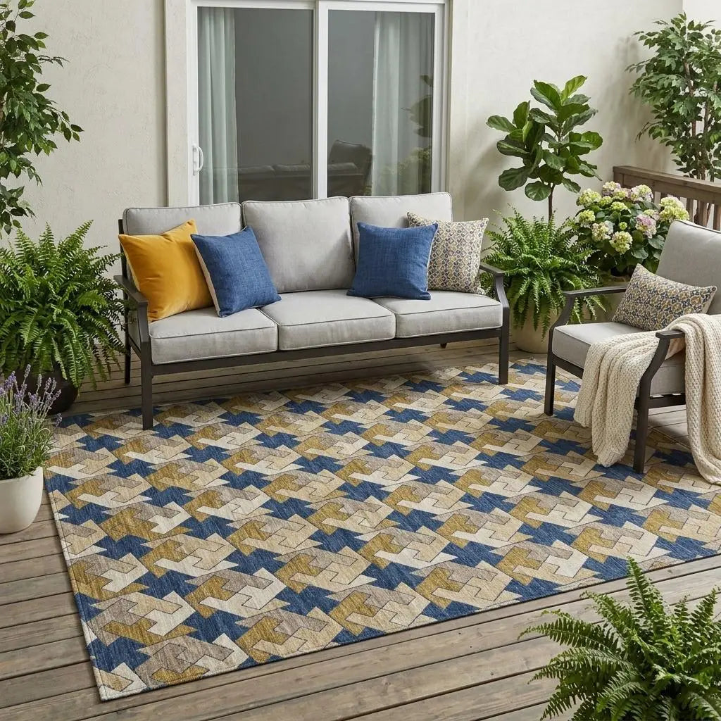 5' X 8' Navy Blue And Blue Geometric Washable Indoor Outdoor Area Rug Homeroots Outdoor