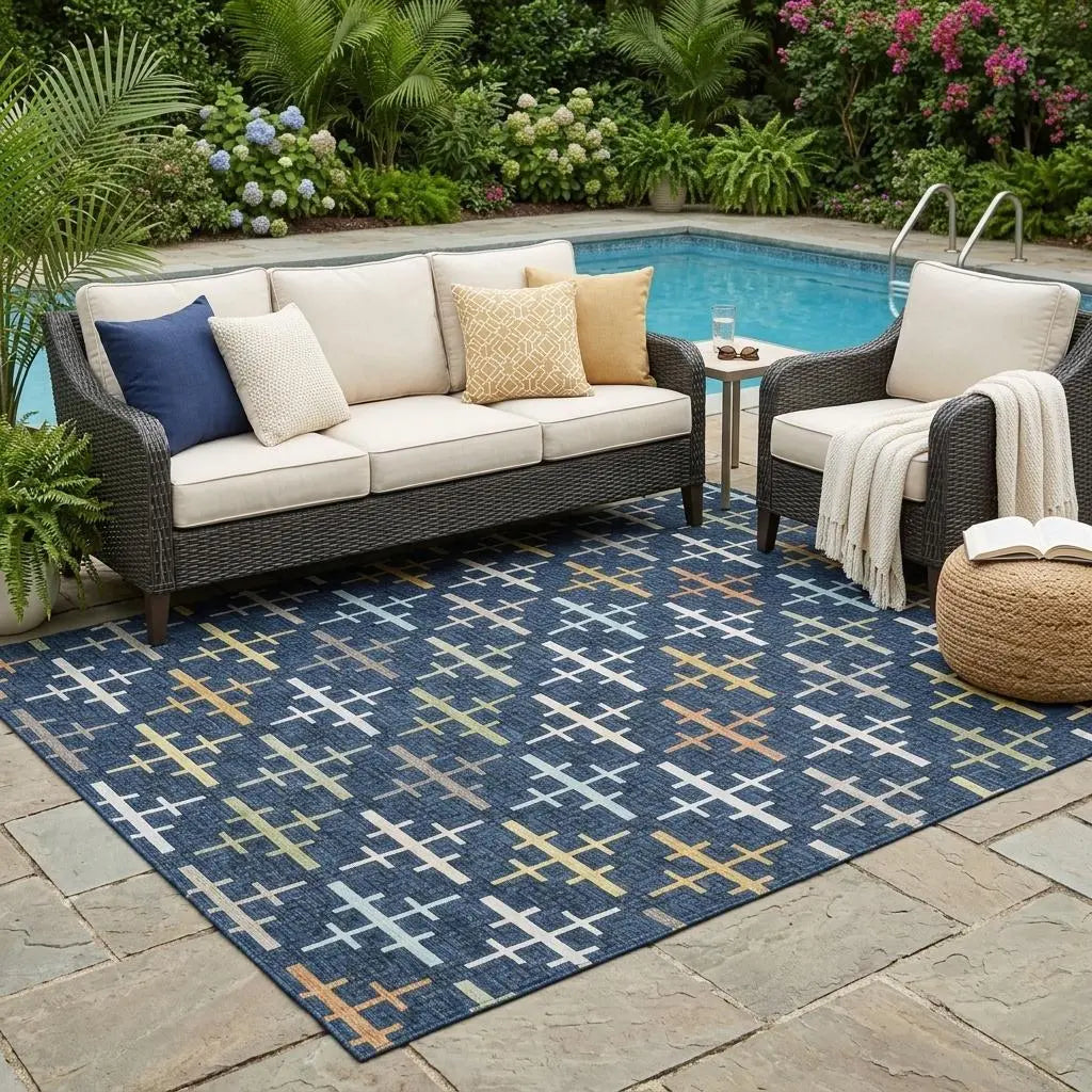 5' X 8' Navy Blue And Blue Geometric Washable Indoor Outdoor Area Rug Homeroots Outdoor