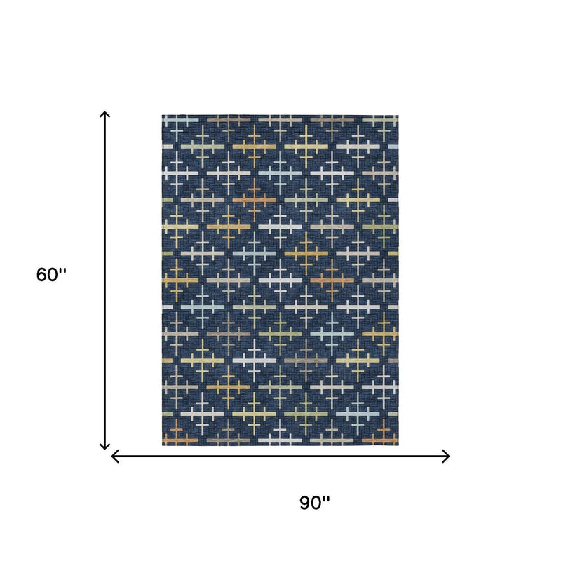 5' X 8' Navy Blue And Blue Geometric Washable Indoor Outdoor Area Rug Homeroots Outdoor