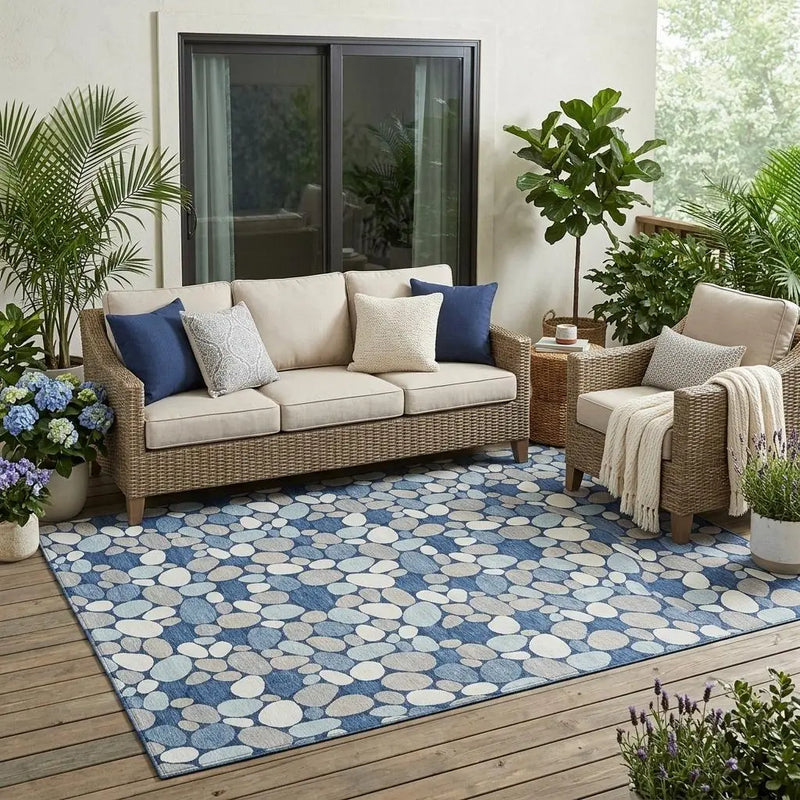 5' X 8' Navy Blue And Blue Geometric Washable Indoor Outdoor Area Rug Homeroots Outdoor