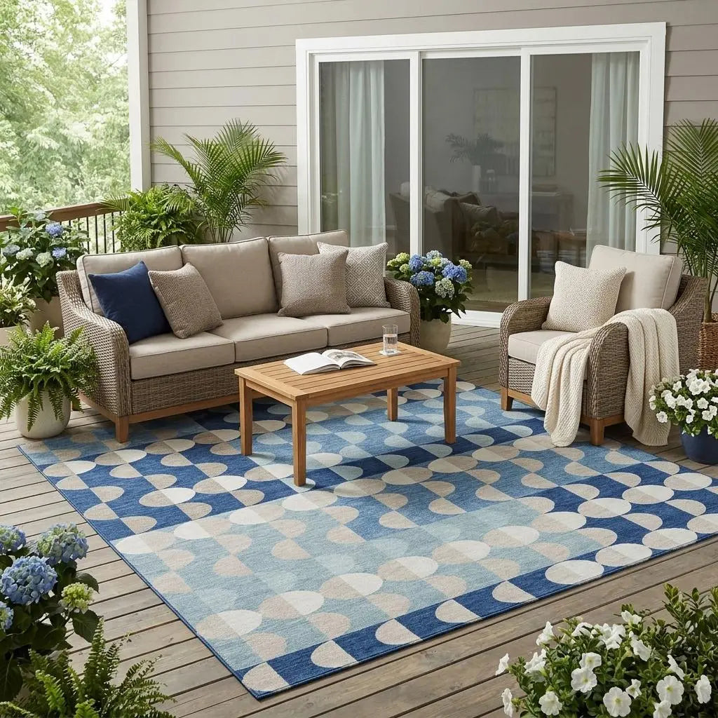 5' X 8' Navy Blue And Blue Geometric Washable Indoor Outdoor Area Rug Homeroots Outdoor