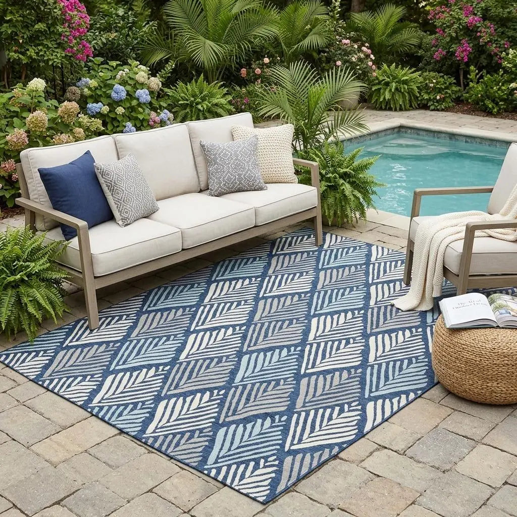 5' X 8' Navy Blue And Blue Geometric Washable Indoor Outdoor Area Rug Homeroots Outdoor