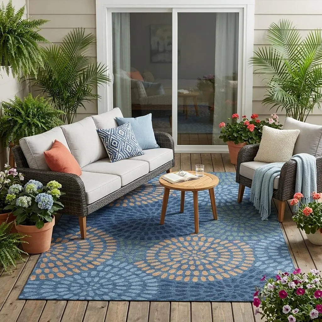 5' X 8' Navy Blue And Blue Geometric Washable Indoor Outdoor Area Rug Homeroots Outdoor