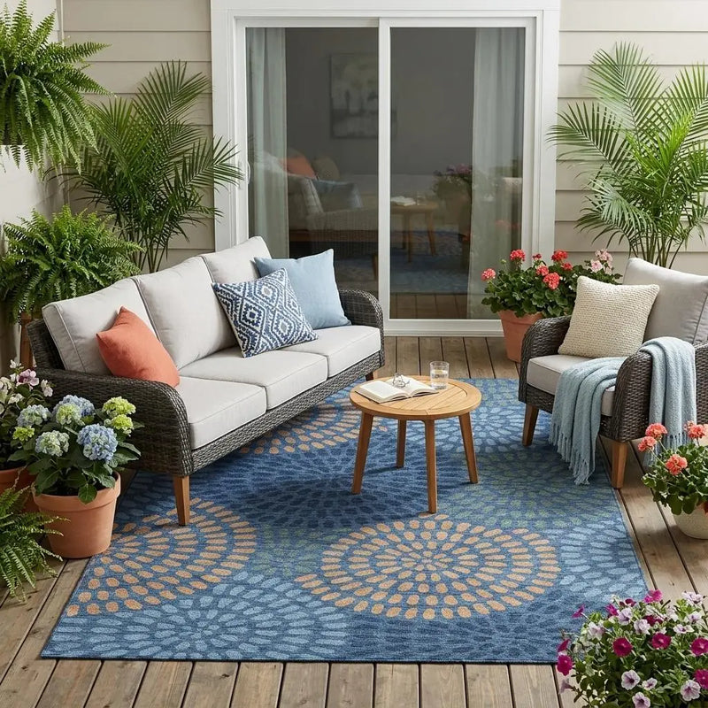 5' X 8' Navy Blue And Blue Geometric Washable Indoor Outdoor Area Rug Homeroots Outdoor