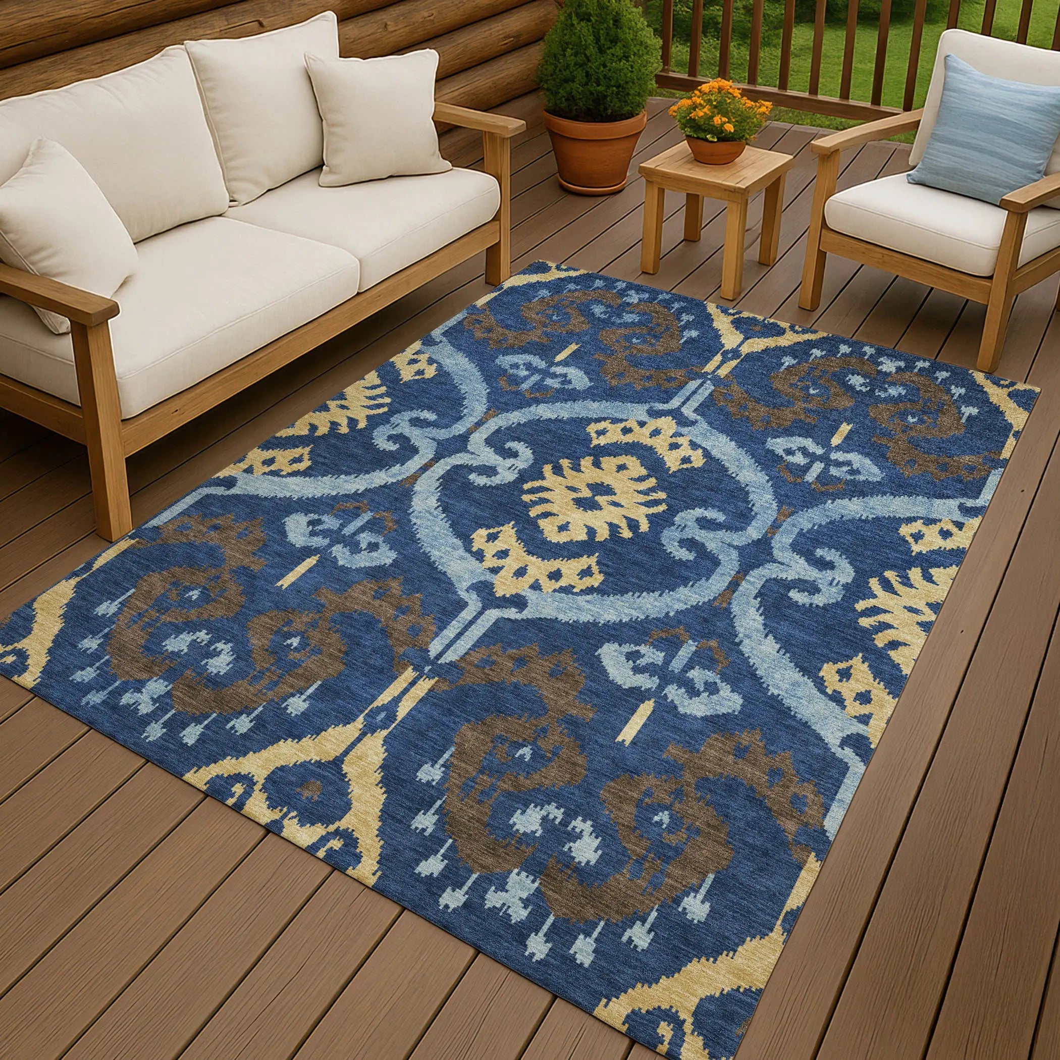 5' X 8' Navy Blue And Blue Ikat Washable Indoor Outdoor Area Rug Homeroots Outdoor