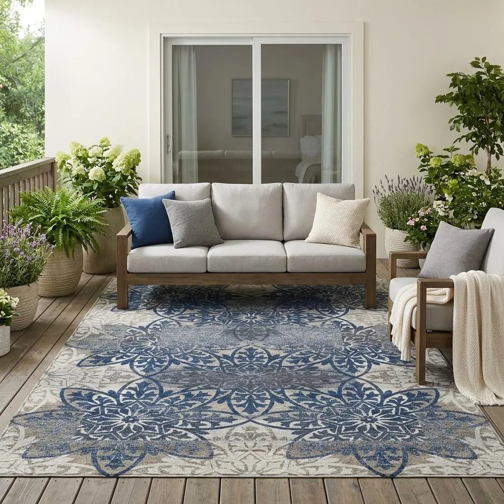 5' X 8' Navy Blue And Blue Oriental Washable Indoor Outdoor Area Rug Homeroots Outdoor