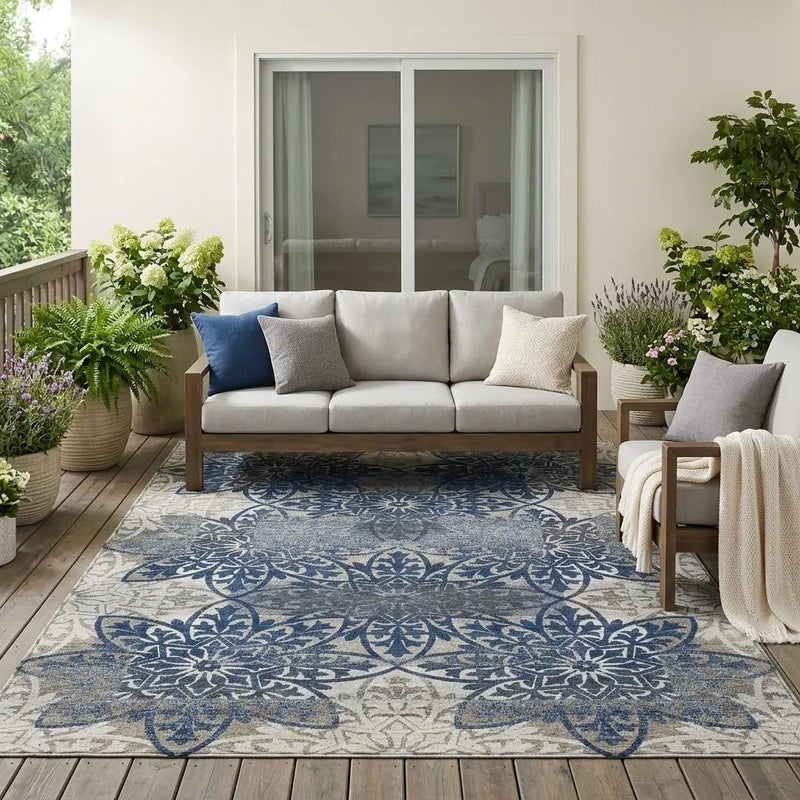 5' X 8' Navy Blue And Blue Oriental Washable Indoor Outdoor Area Rug Homeroots Outdoor