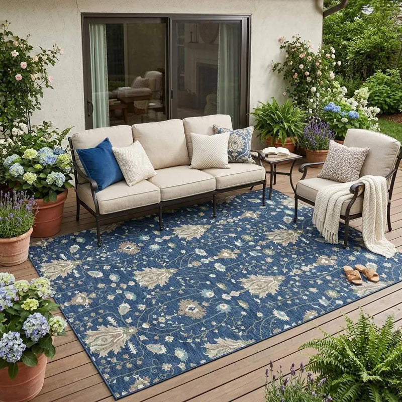 5' X 8' Navy Blue And Blue Oriental Washable Indoor Outdoor Area Rug Homeroots Outdoor