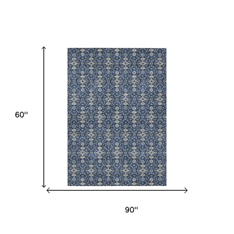 5' X 8' Navy Blue And Blue Oriental Washable Indoor Outdoor Area Rug Homeroots Outdoor