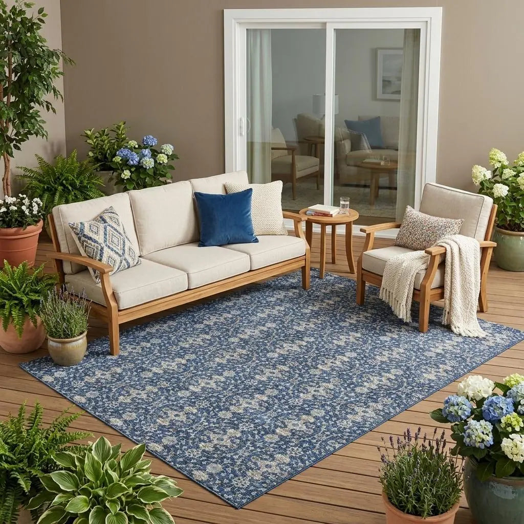 5' X 8' Navy Blue And Blue Oriental Washable Indoor Outdoor Area Rug Homeroots Outdoor