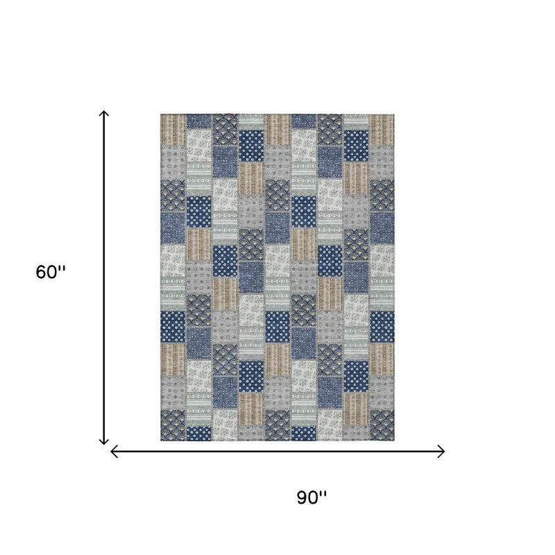 5' X 8' Navy Blue And Blue Patchwork Washable Indoor Outdoor Area Rug Homeroots Outdoor
