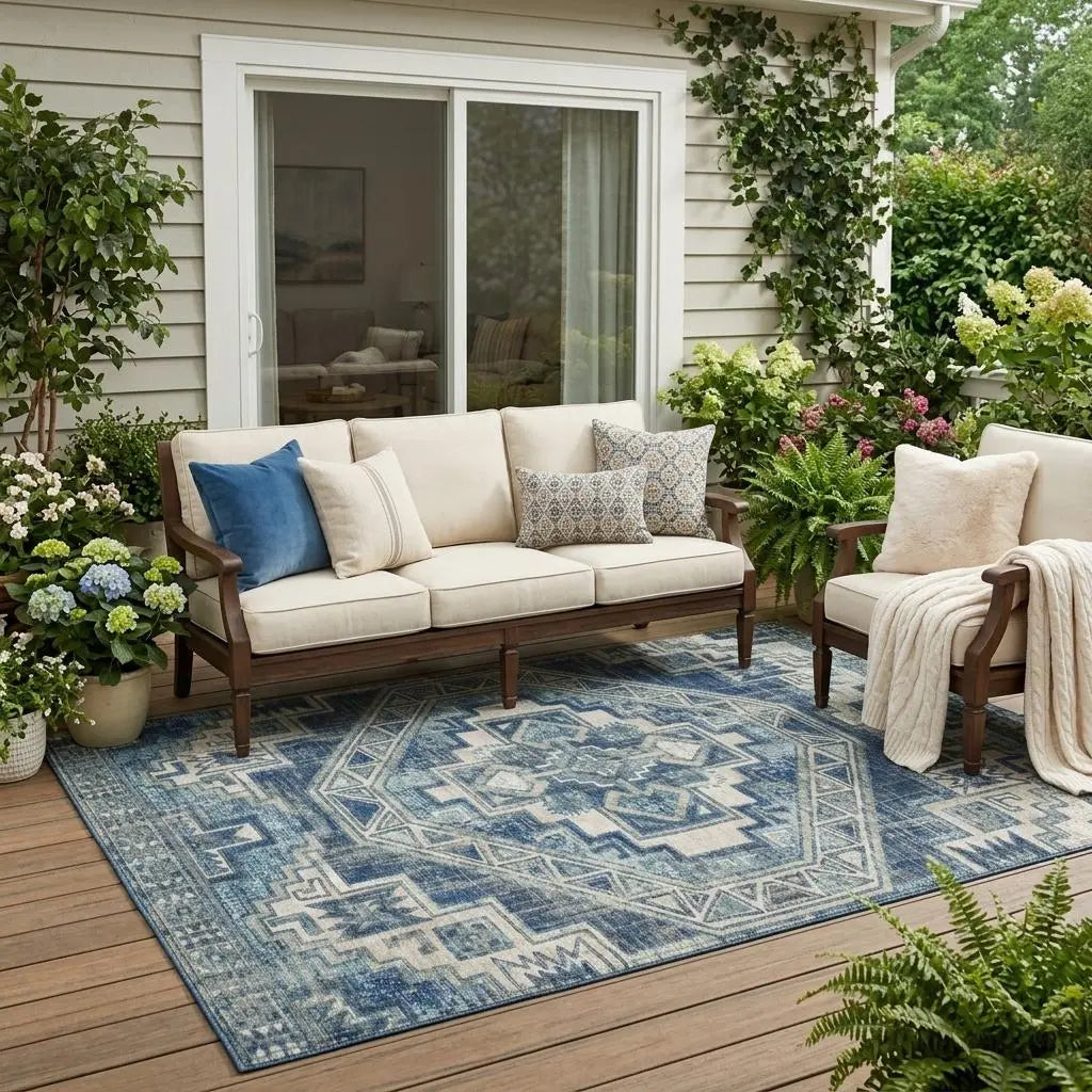 5' X 8' Navy Blue And Blue Southwestern Washable Indoor Outdoor Area Rug Homeroots Outdoor